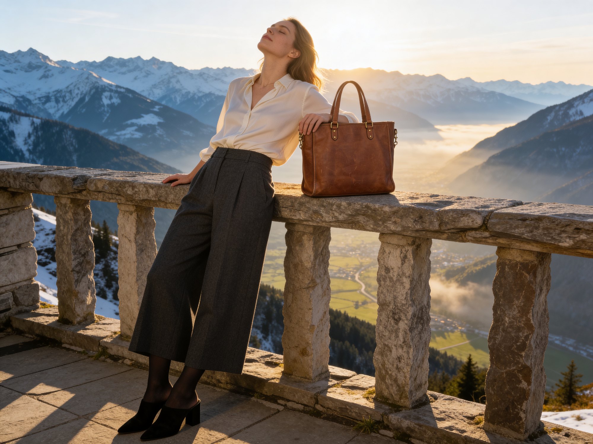Alpen Chic Cognac-Tote auf der Bergterrasse, goldene Stunde über den Alpen