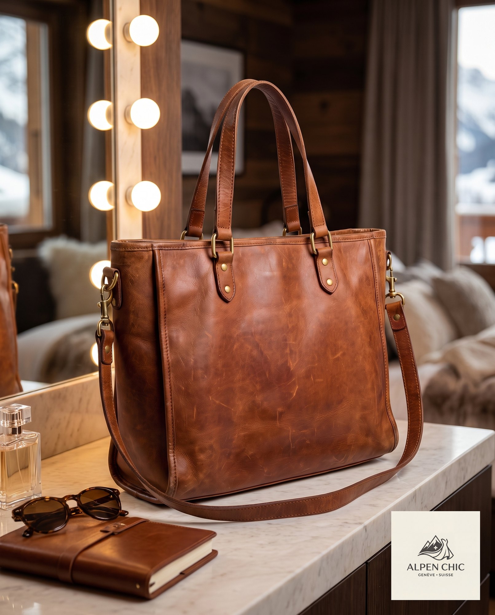 Backstage-Glamour am Schminkspiegel — die Lichterkette inszeniert die Tasche wie einen Star und gibt dem Shop das Bild, das nach Kampagne aussieht, nicht nach Katalog.