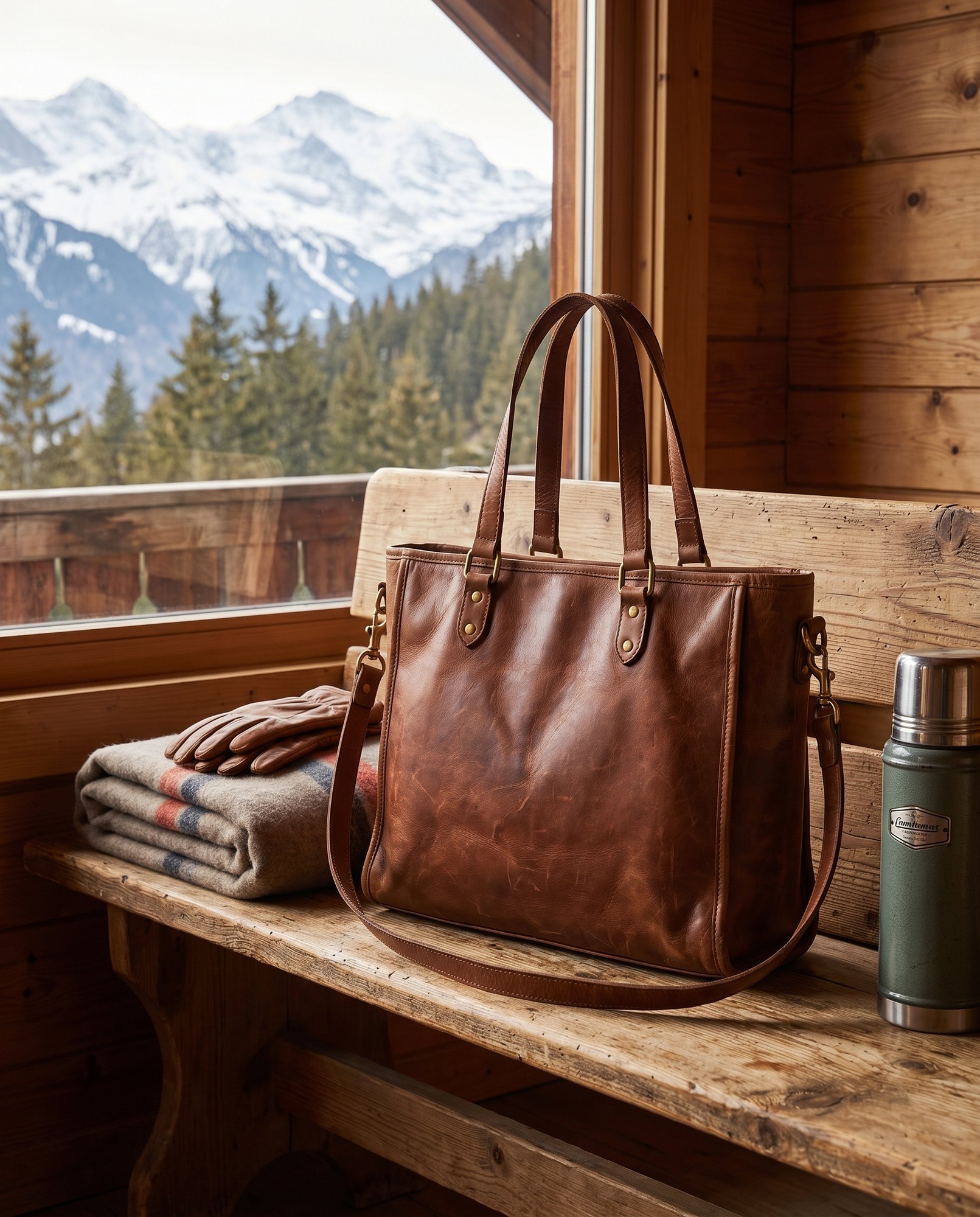 Alpen Chic Cognac-Tote auf der Holzbank im Chalet, Alpenpanorama im Fenster